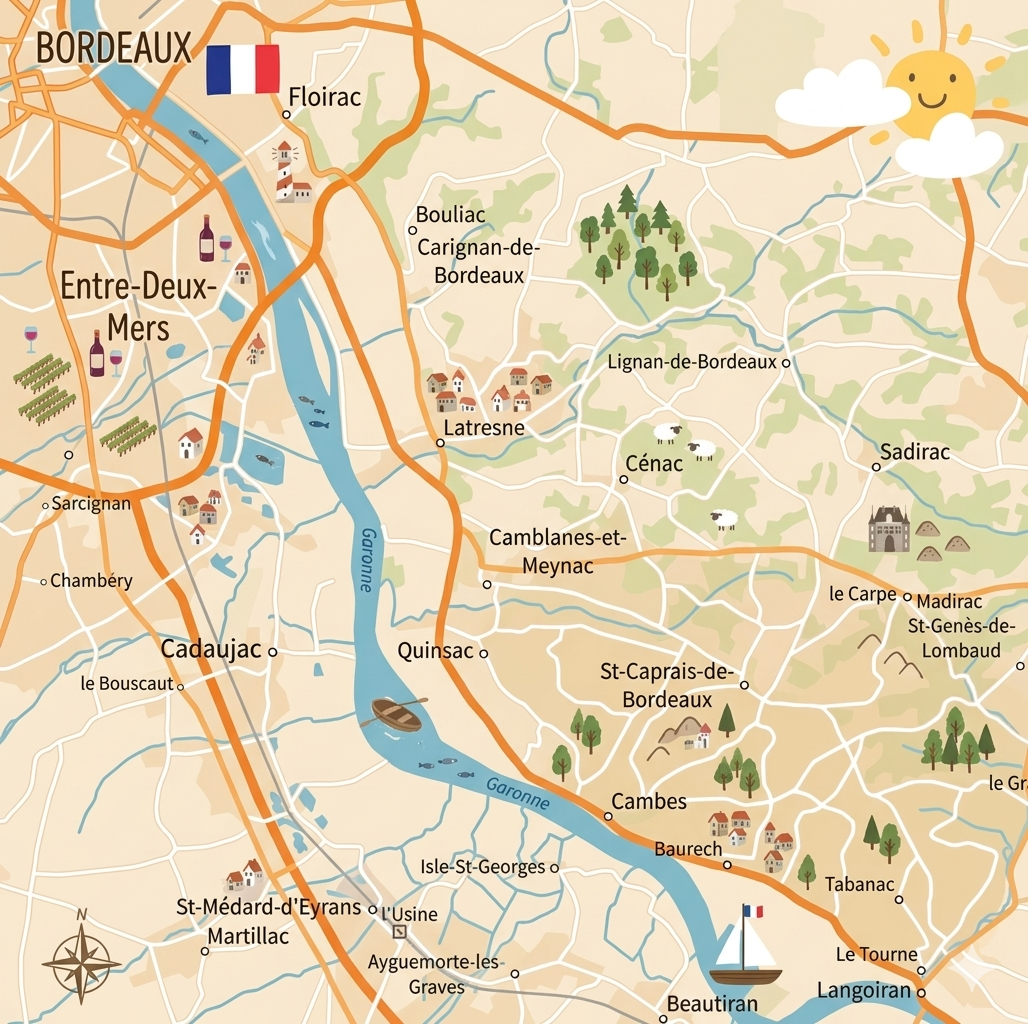 Carte de la zone d'intervention de L'Atelier LéonarT — Entre-Deux-Mers